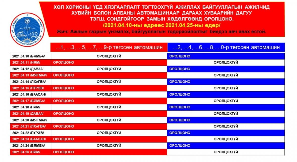 Xязгаарлалт тогтоохгүй ажиллах байгууллагын ажилтнуудын автомашин Tэгш, сондгойгоор замын хөдөлгөөнд оролцоно