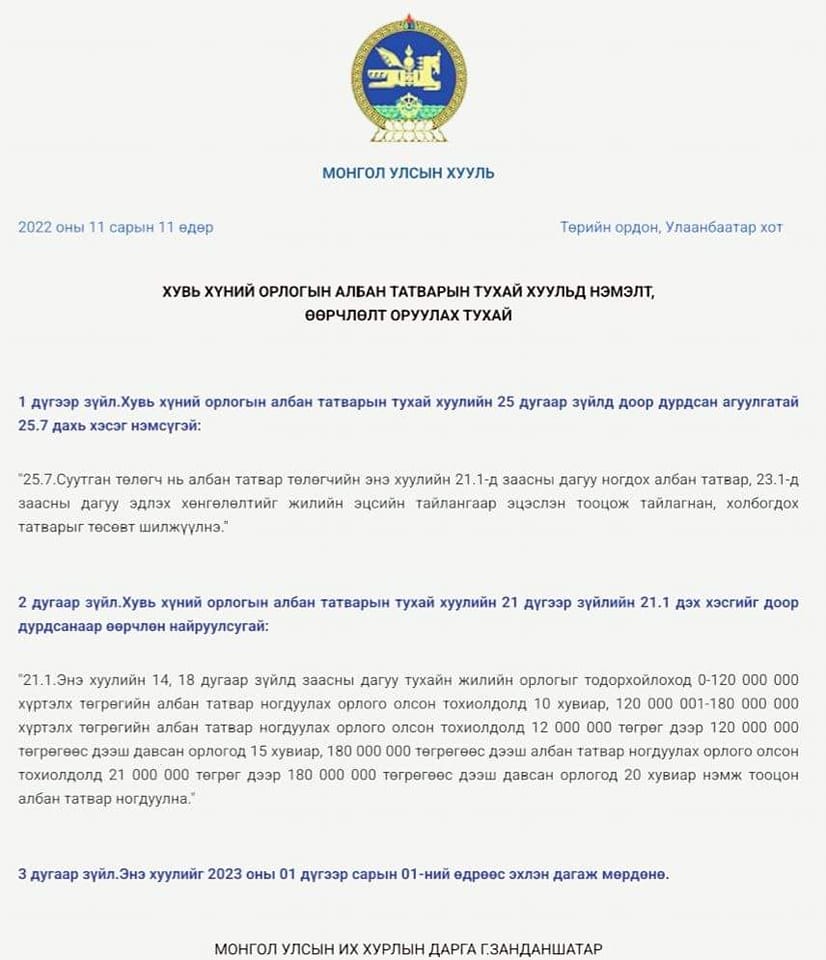 10 сая 100 мянган төгрөгийн орлоготой иргэн 100 мянган төгрөгтөө 15 хувиар татвар төлнө