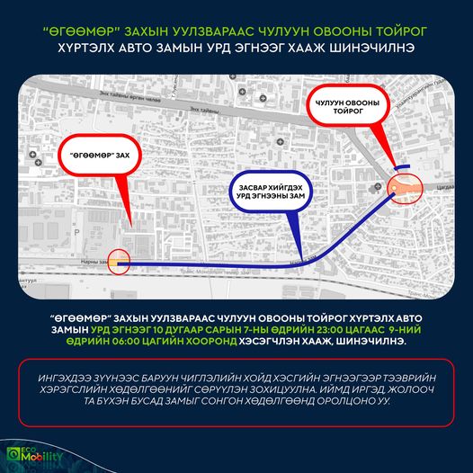“Өгөөмөр” захаас Чулуун овооны тойрог хүртэлх авто замын урд эгнээг хаана