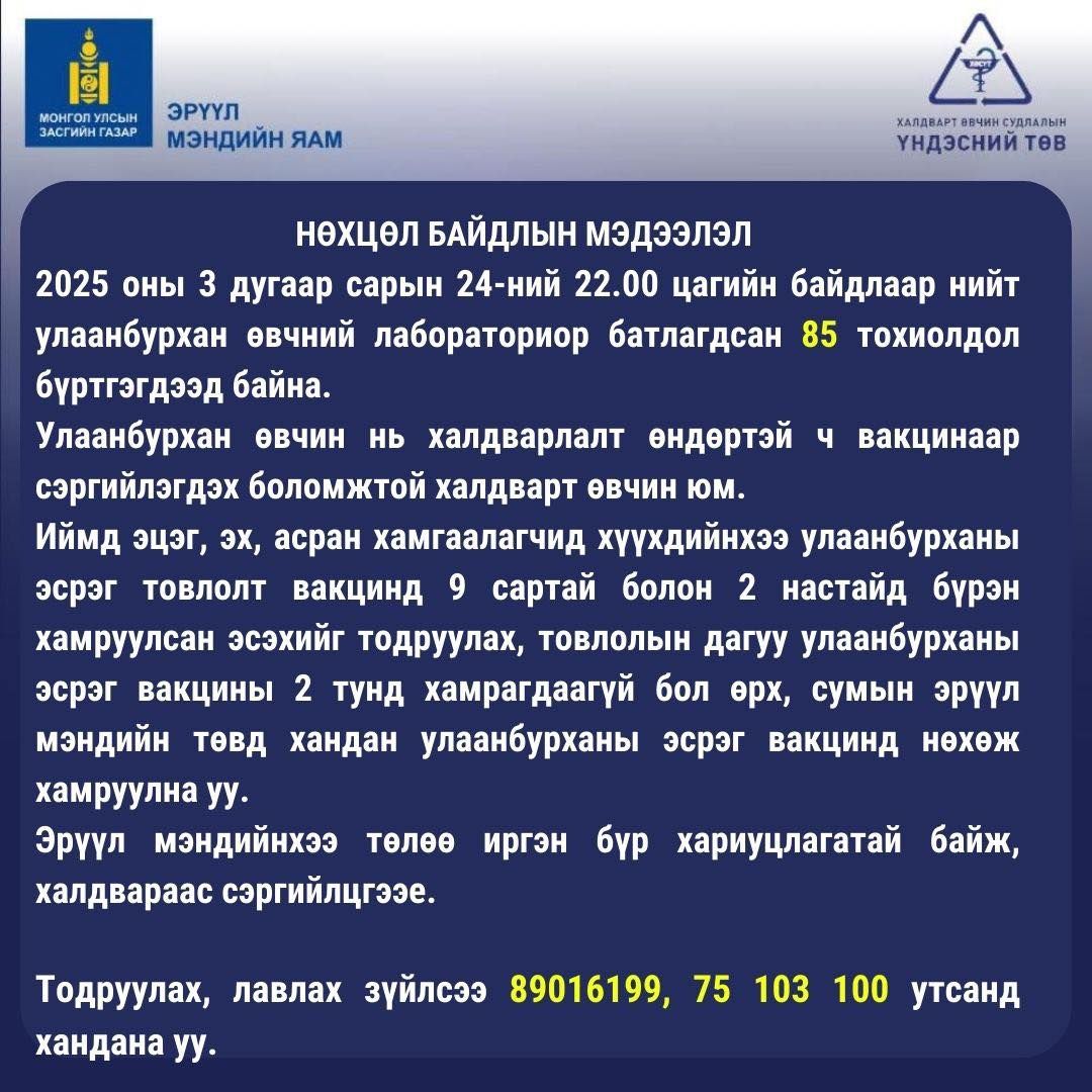 Улаанбурхан өвчний 85 тохиолдол бүртгэгдээд байна