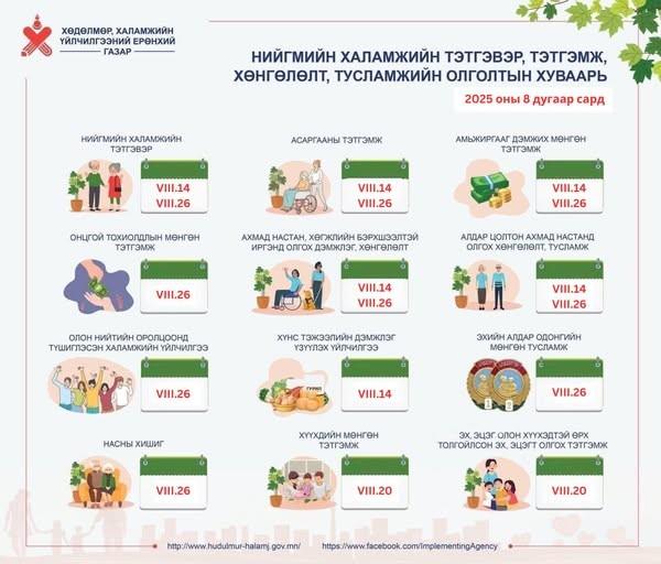 Танилц: Энэ сард хүүхдийн мөнгө, тэтгэвэр тэтгэмж олгох хуваарь