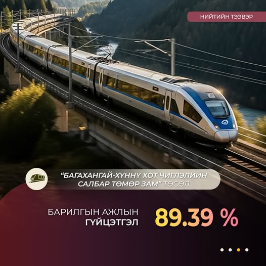 Багахангай-Хүннү хот чиглэлийн салбар төмөр замын барилгын ажил 89.39 хувийн гүйцэтгэлтэй байна