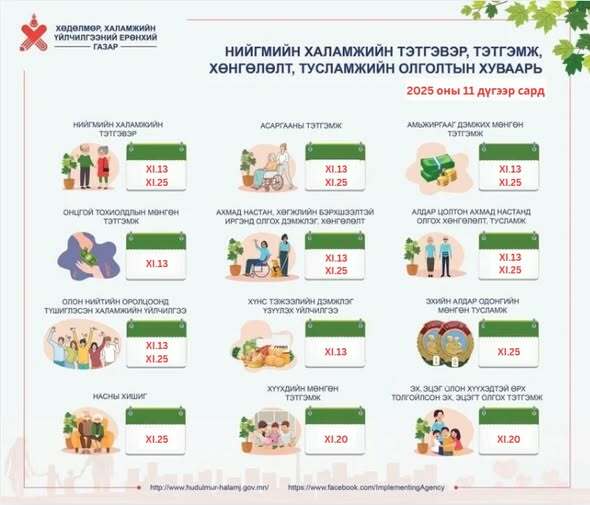 Энэ сард тэтгэвэр, тэтгэмж, хүүхдийн мөнгө олгох хуваарь