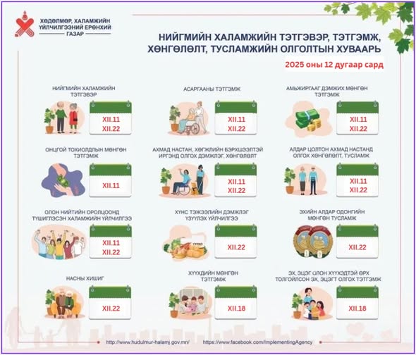 Нийгмийн халамжийн тэтгэвэр, тэтгэмж, хөнгөлөлт, олголтын 12 дугаар сарын хуваарь