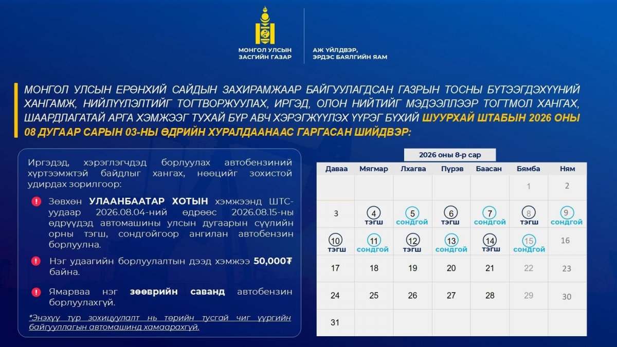  Нийслэлд тээврийн хэрэгслүүд наймдугаар сарын 4-15-нд шатахуун авах хуваарь 