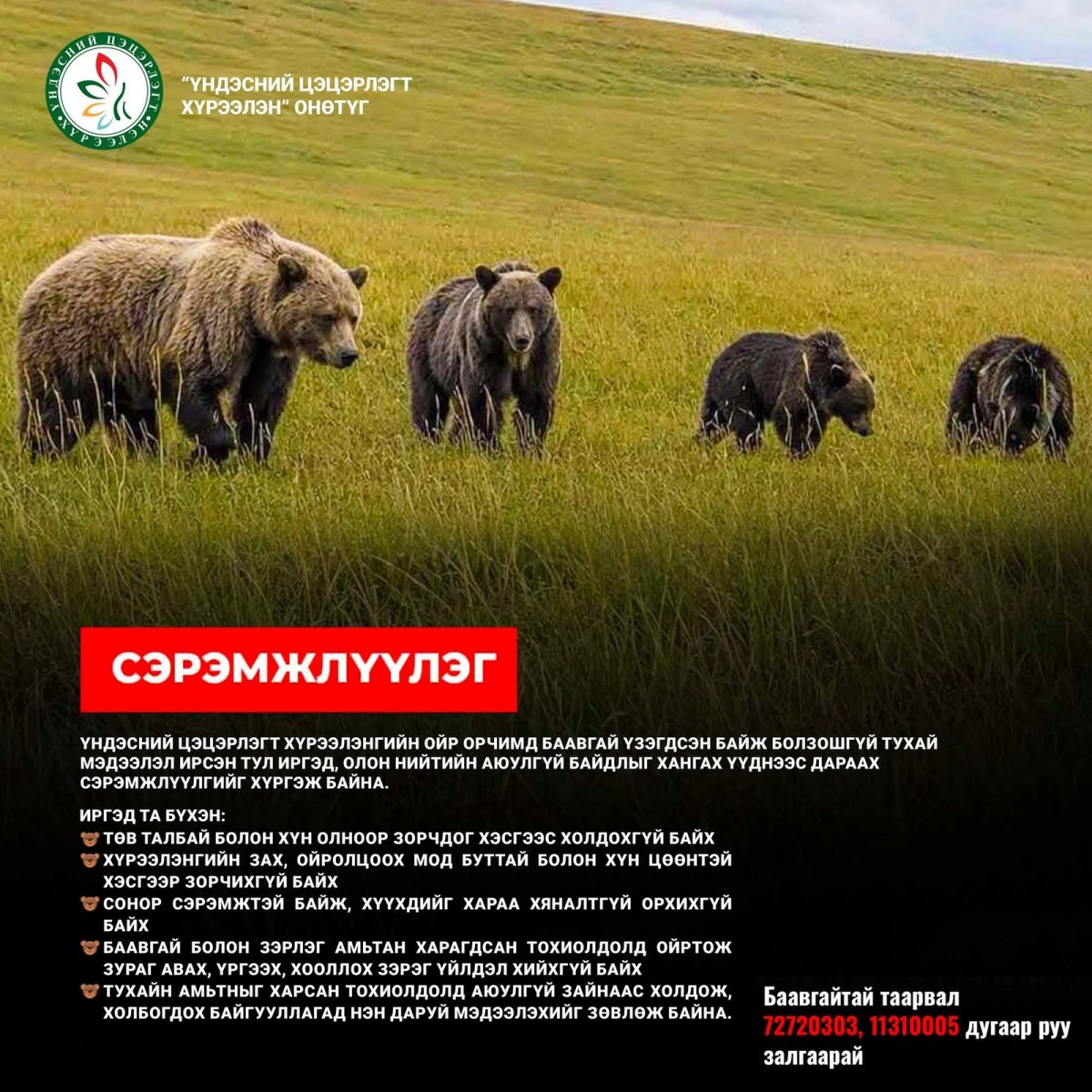  Үндэсний цэцэрлэгт хүрээлэнгийн ойр орчимд баавгай үзэгдсэн байж болзошгүй талаар мэдээлэл иржээ 